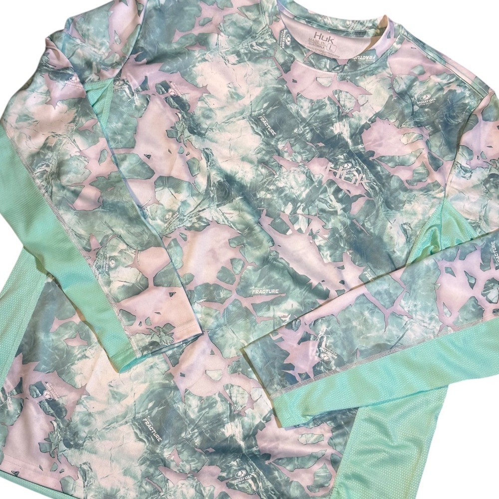 Huk Shirt Men's Large Seafoam Green Camo Mossy Oak Fracture Fishing  Long Sleeve